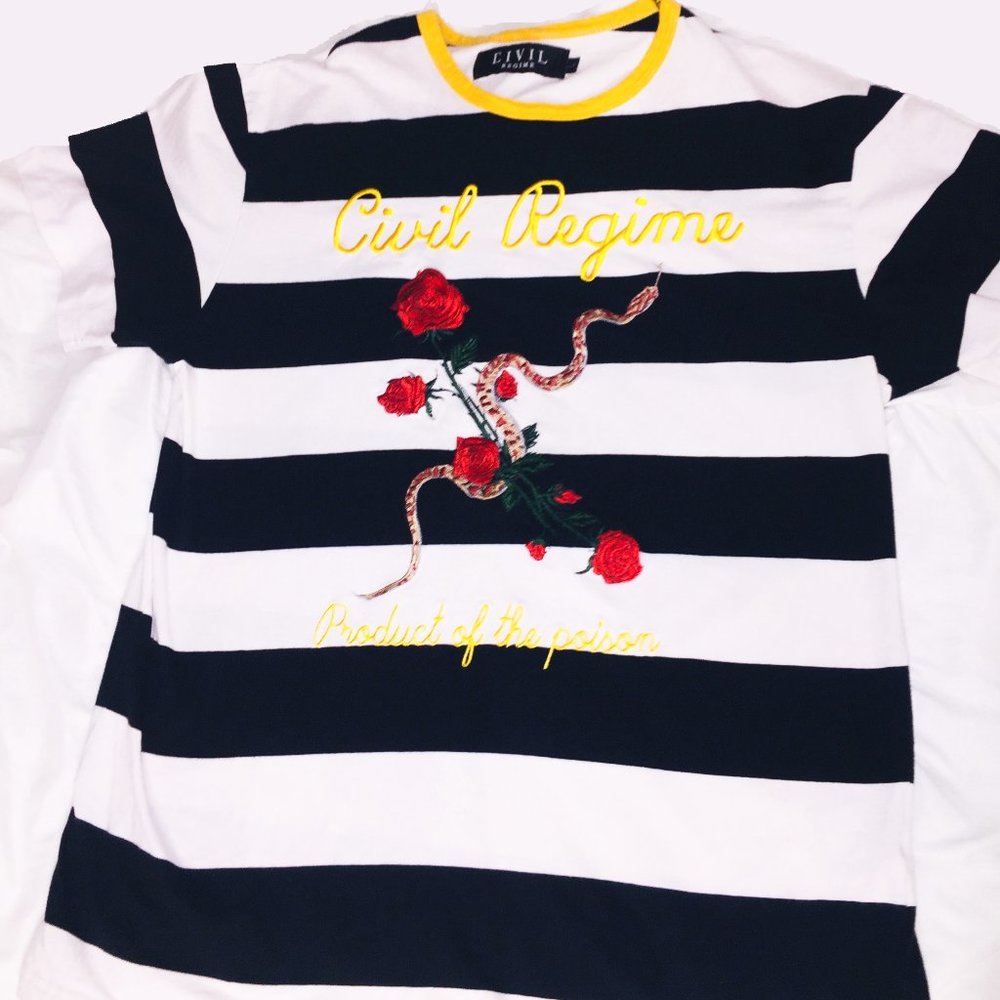 Civil Regime Black and White Striped Tee with Red Rose Embroidery